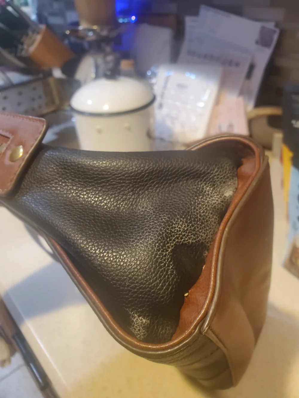 Fossil Black Leather Satchel with Brown Leather Handles